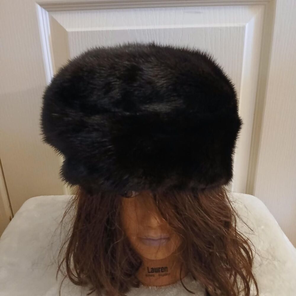Vintage Dark Brown Genuine Fur Pillbox Cossack Hat One Size Old Money Luxury